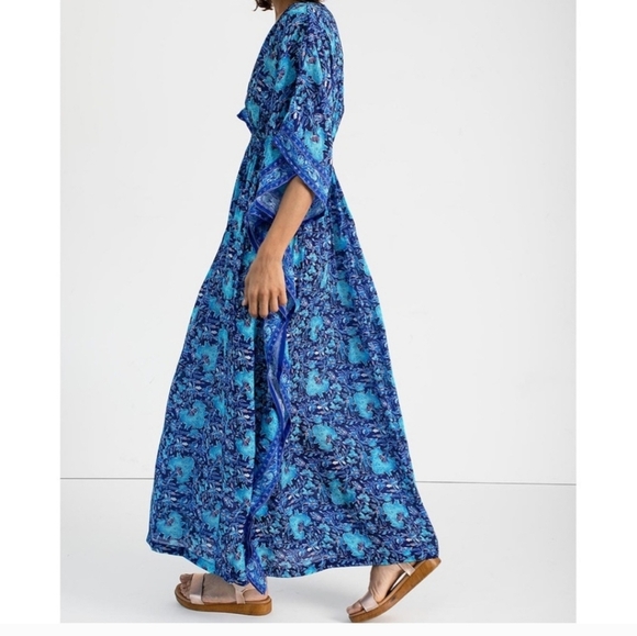 Rujuta Sheth Boho Resort Garden Marie Cinched Kaftan Maxi Dress Blue S/M - Picture 6 of 14